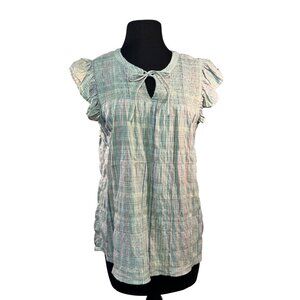 Loft Womens Size Small Ruffled Sleeve Plaid Top With Keyhole Neck